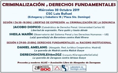 #ZaragozaNoseCalla Miércoles 30 octubre: Criminalización y Derechos Fundamentales.